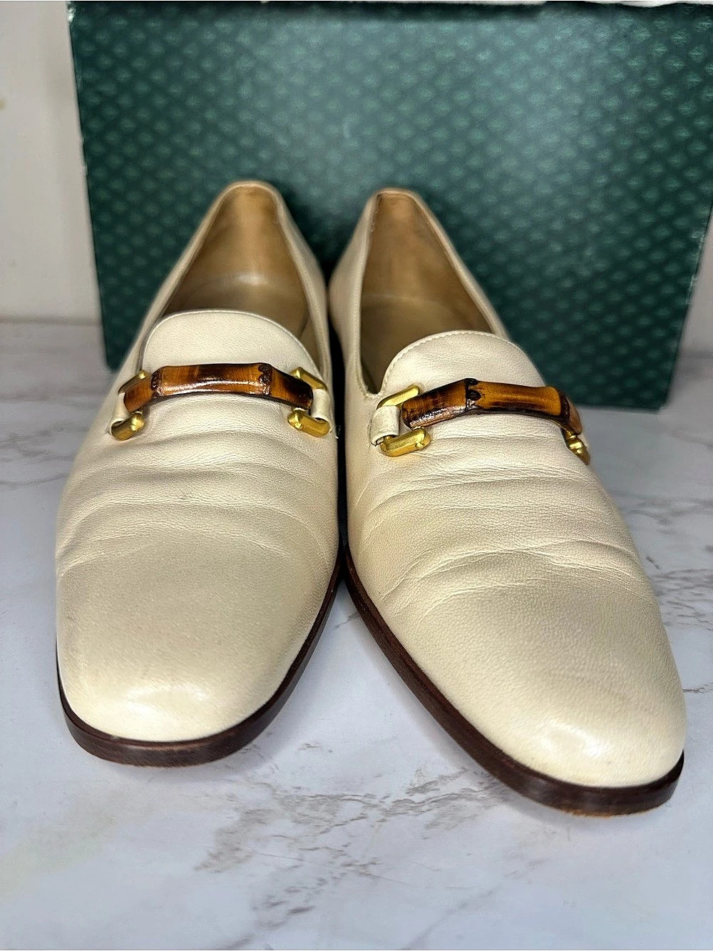 Gucci Bamboo Horsebit Loafer Pump Heels, Cream & Brown, US 6.5 C